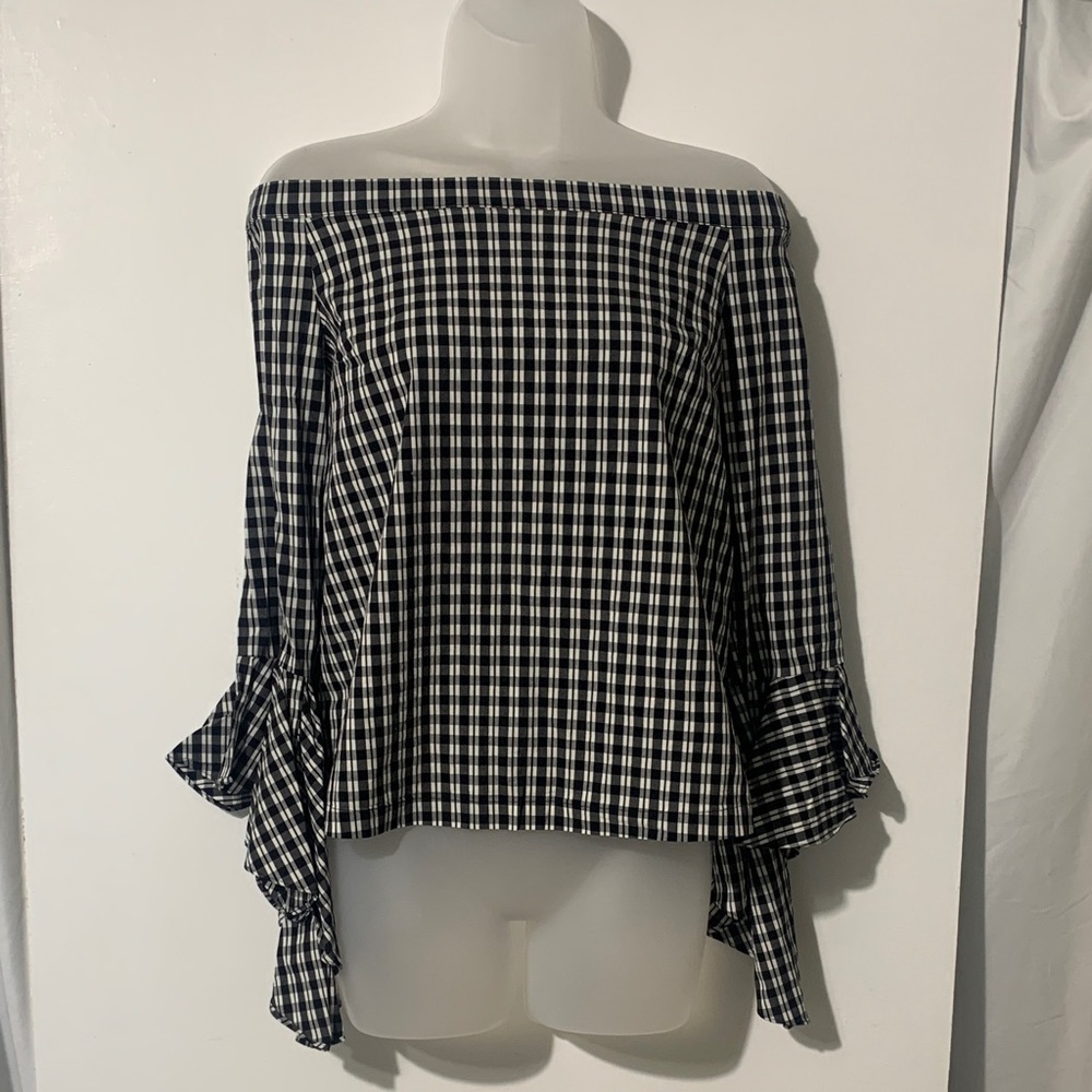 1. State Black and White Checkered Off-Shoulder Blouse